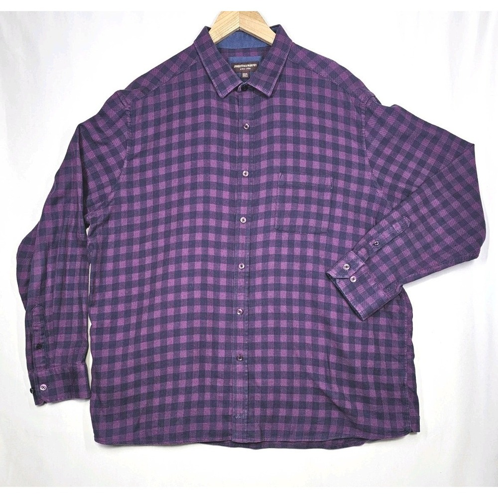 Johnston And Murphy Shirt Men's 3XL Purple Plaid Button‎ Up Pocket Long Sleeve